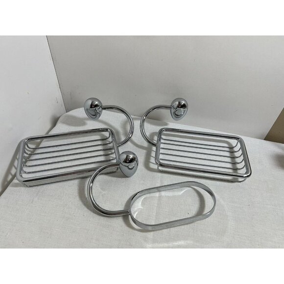 Vintage Unique Set Of 3 Wall Mounted Chrome Wire Shower Basket Shelf Organizer - Picture 1 of 11